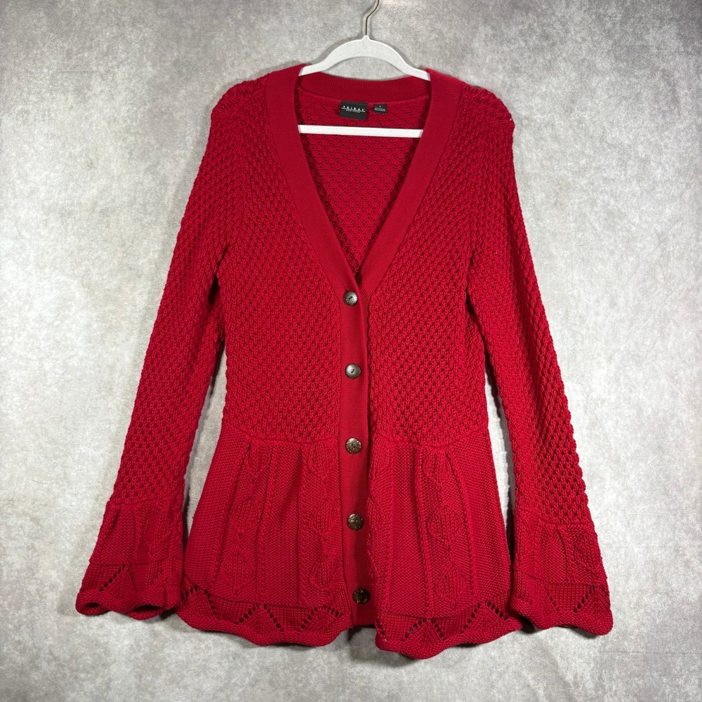 Tribal Cardigan Womens Large Red Pure Cotton Peplum Bell Sleeve Knit Boho Casual